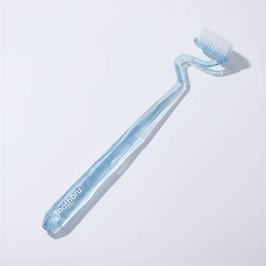 Clear blue toothbrush with S shaped branding on a light gray background